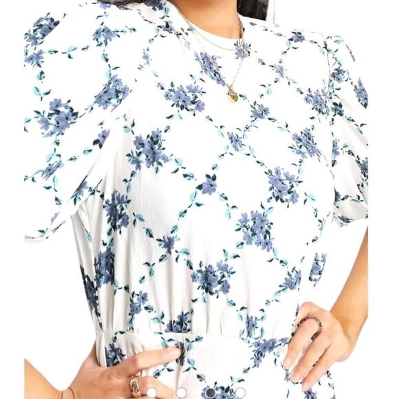 VERO MODA Puff Sleeve Midi Ruffle High Neck Tea Dress Floral in White Large NWT - Picture 3 of 10